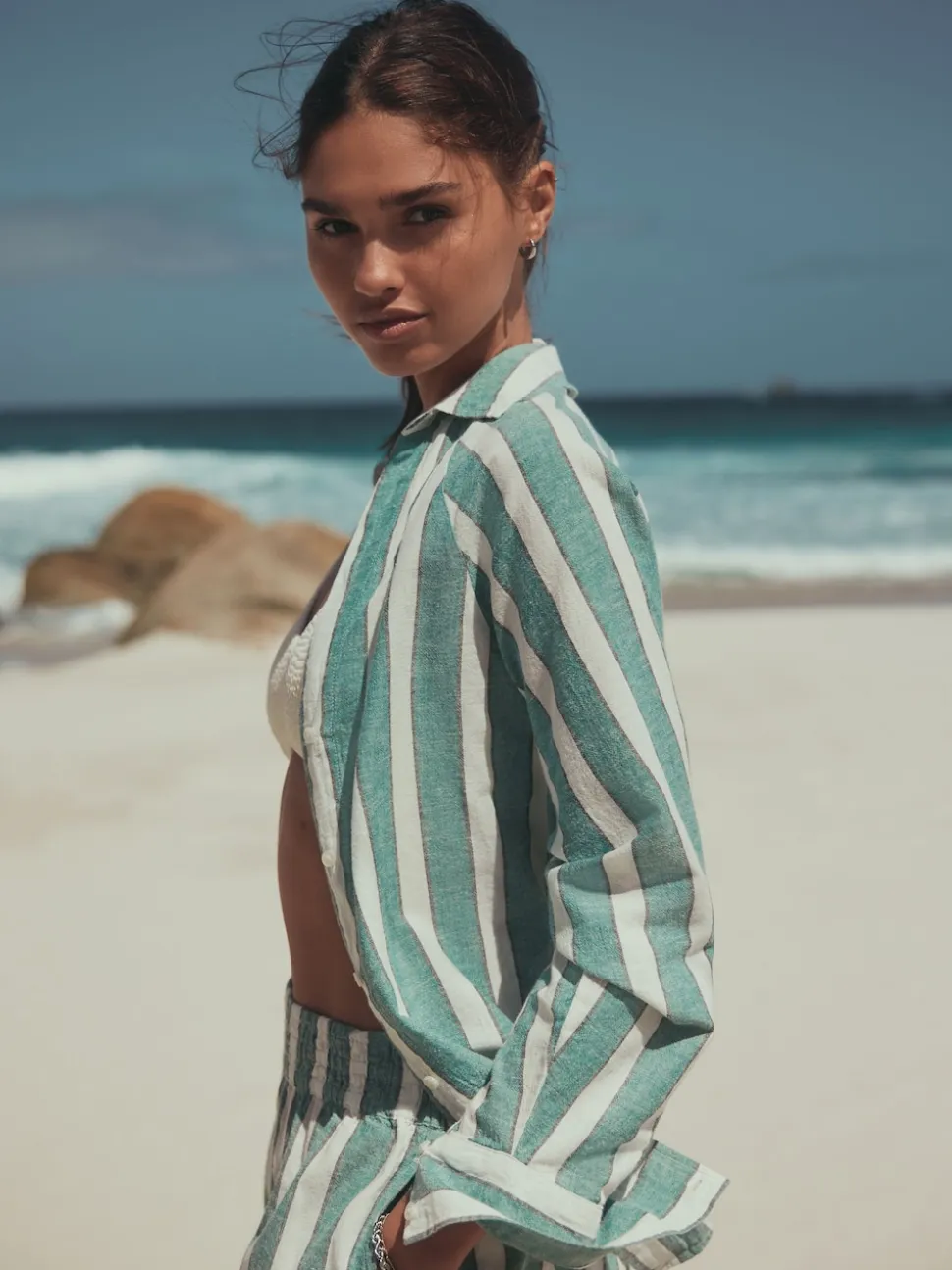 Vert/Blanc - Chemise d’été avec lin