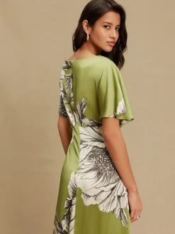Vert/Ecru - Robe mi-longue texturée en Satin à Manches courtes torsadée sur le devant