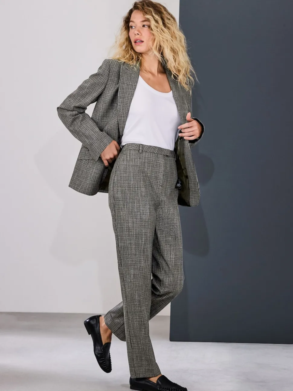 Vert/Gris - Pantalon slim à carreaux