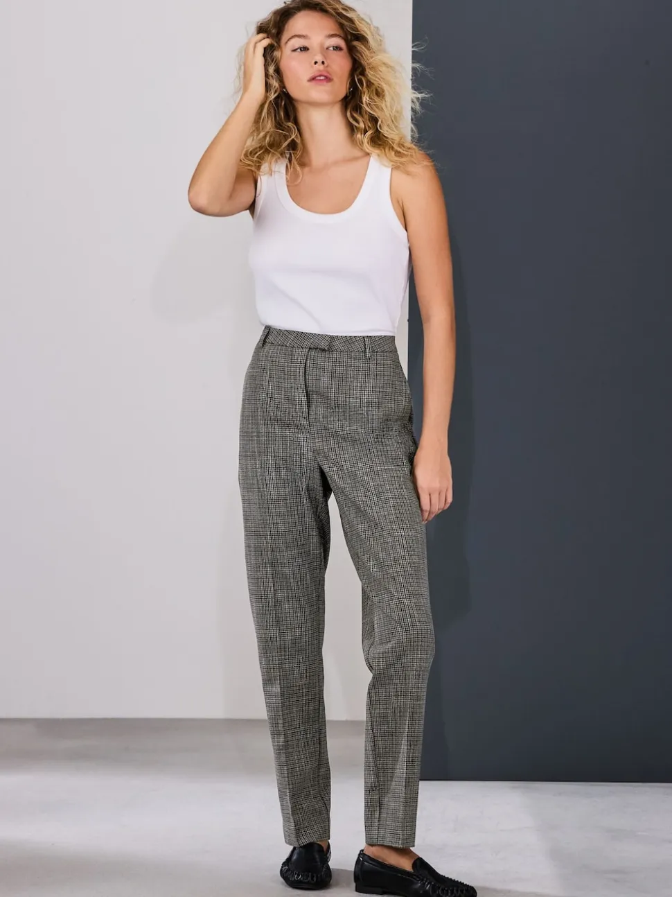 Vert/Gris - Pantalon slim à carreaux