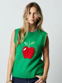 Vert/Rouge Apple graphique - Débardeur sans manches en maille avec laine