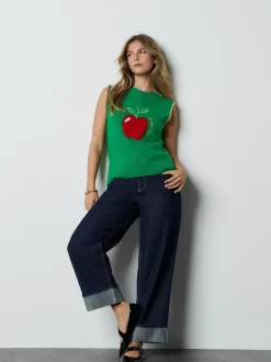 Vert/Rouge Apple graphique - Débardeur sans manches en maille avec laine