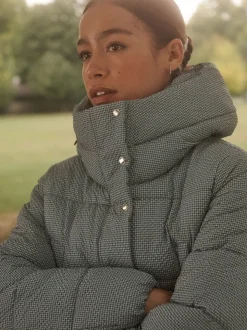 Vichy bleu - Manteau long matelassé à capuche résistant à la douche