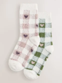 Vichy Cœur rose/vert - Lot de 2 paires de chaussettes douillettes super poilues