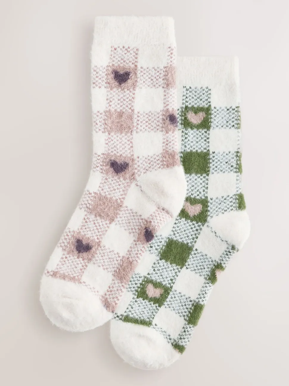 Vichy Cœur rose/vert - Lot de 2 paires de chaussettes douillettes super poilues