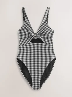 Vichy froissé noir/blanc - Maillot de bain à décolleté plongeant et découpes