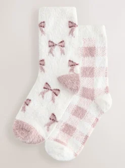 Vichy rose/nœud - Lot de 2 paires de chaussettes douillettes super poilues