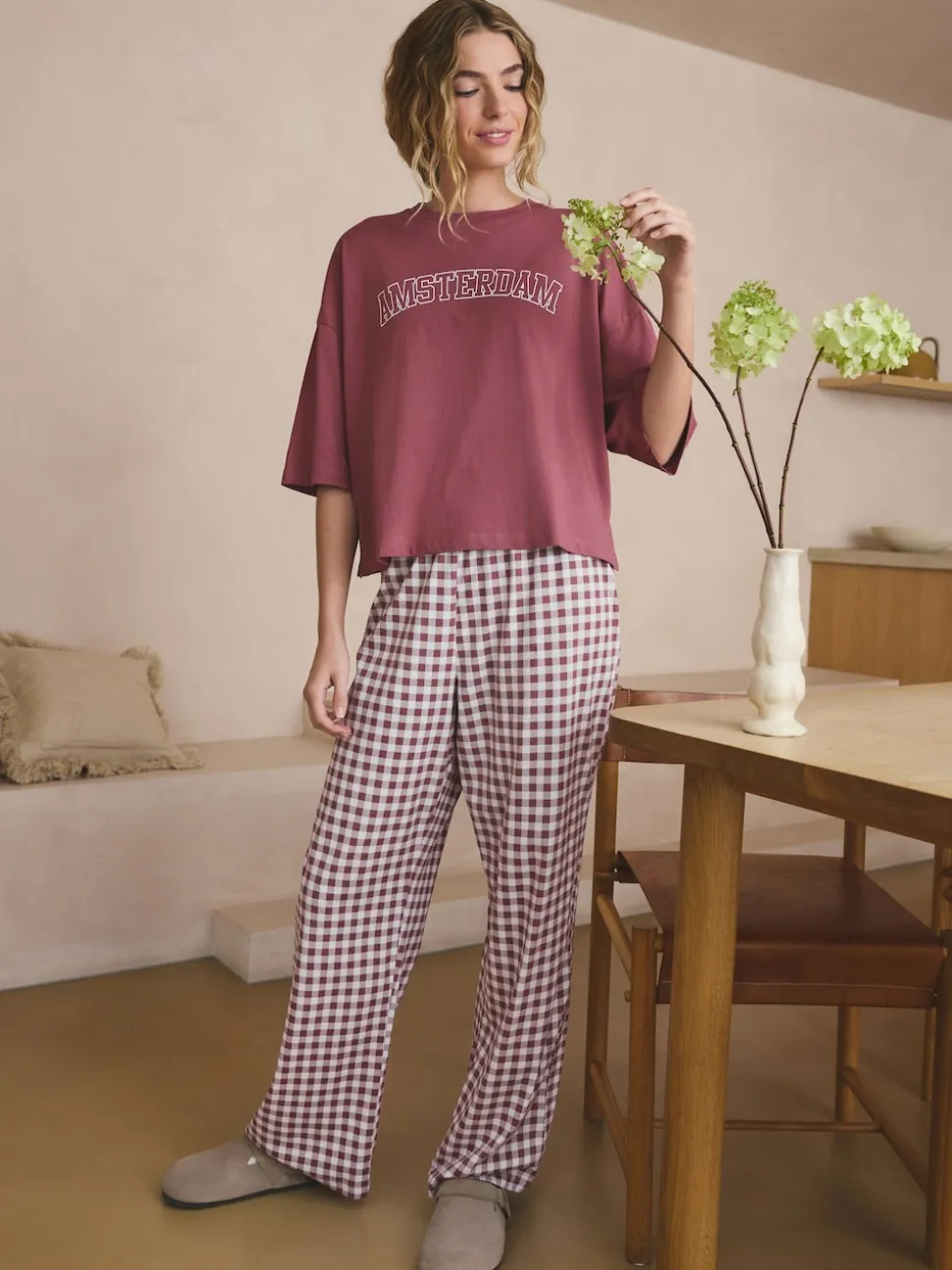 Vichy violet mauve - Pyjama à manches courtes en coton