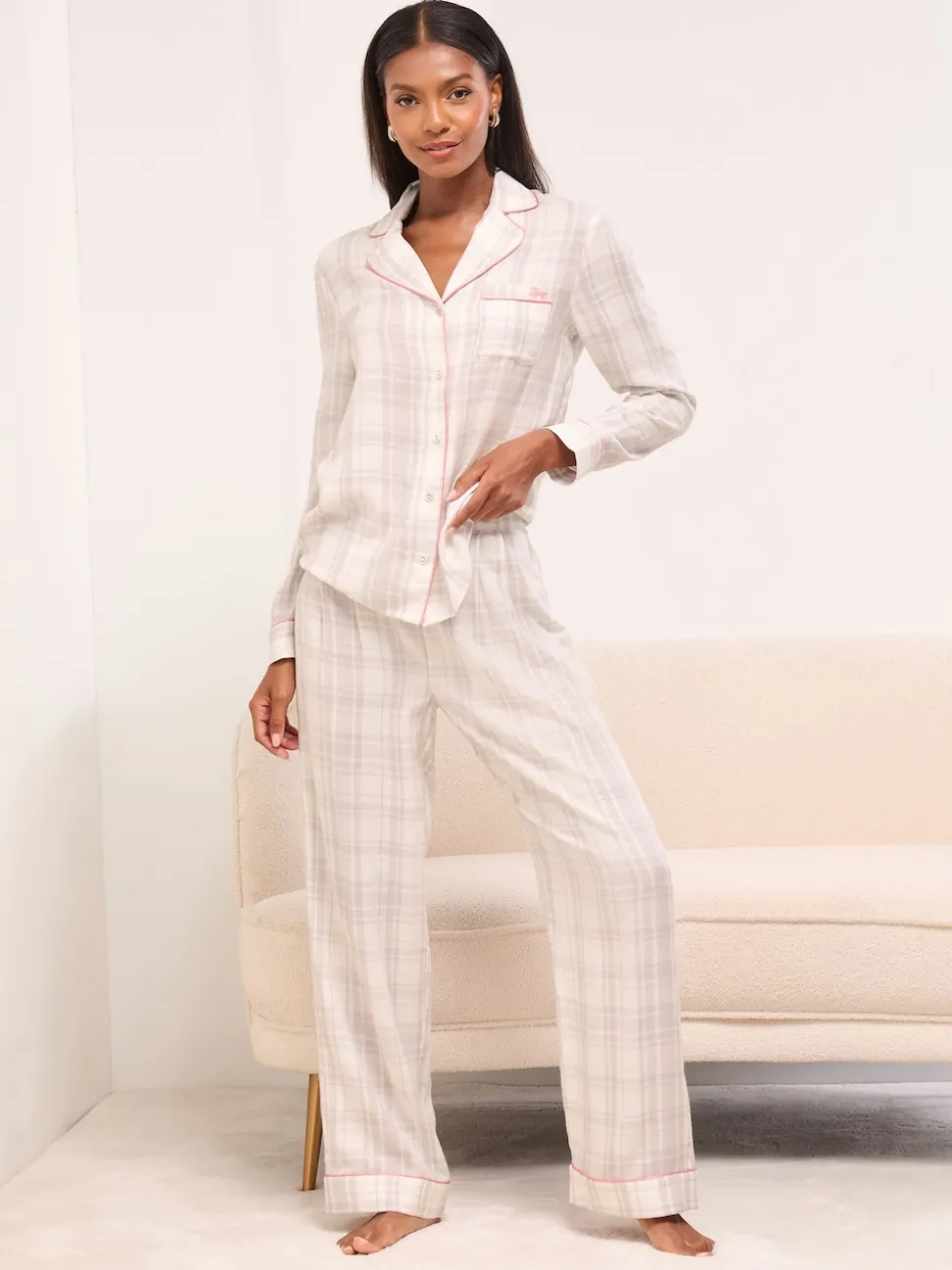 Vérification grise - Ensemble de pyjama tissé à manches longues Lipsy